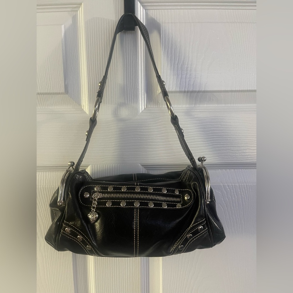 KATHY VAN ZEELAND Black and Silver Hobo Shoulder Bag with Glossy Finish